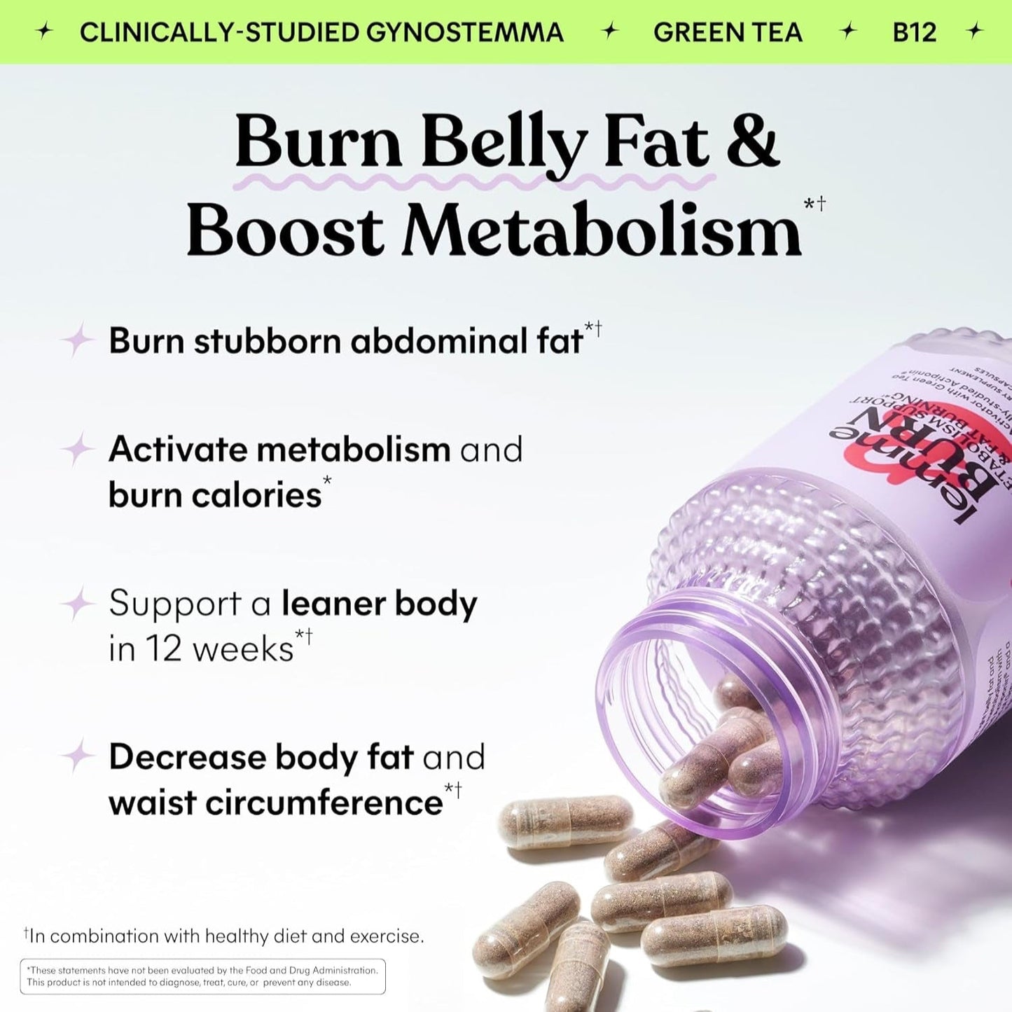Burn - Metabolism, Belly Fat Burning + AMPK Activating Supplement for Men & Women W/Clinically Studied Actiponin Gynostemma, Green Tea Extract, Vitamins B6 & B12 - Gluten Free, 60 Count